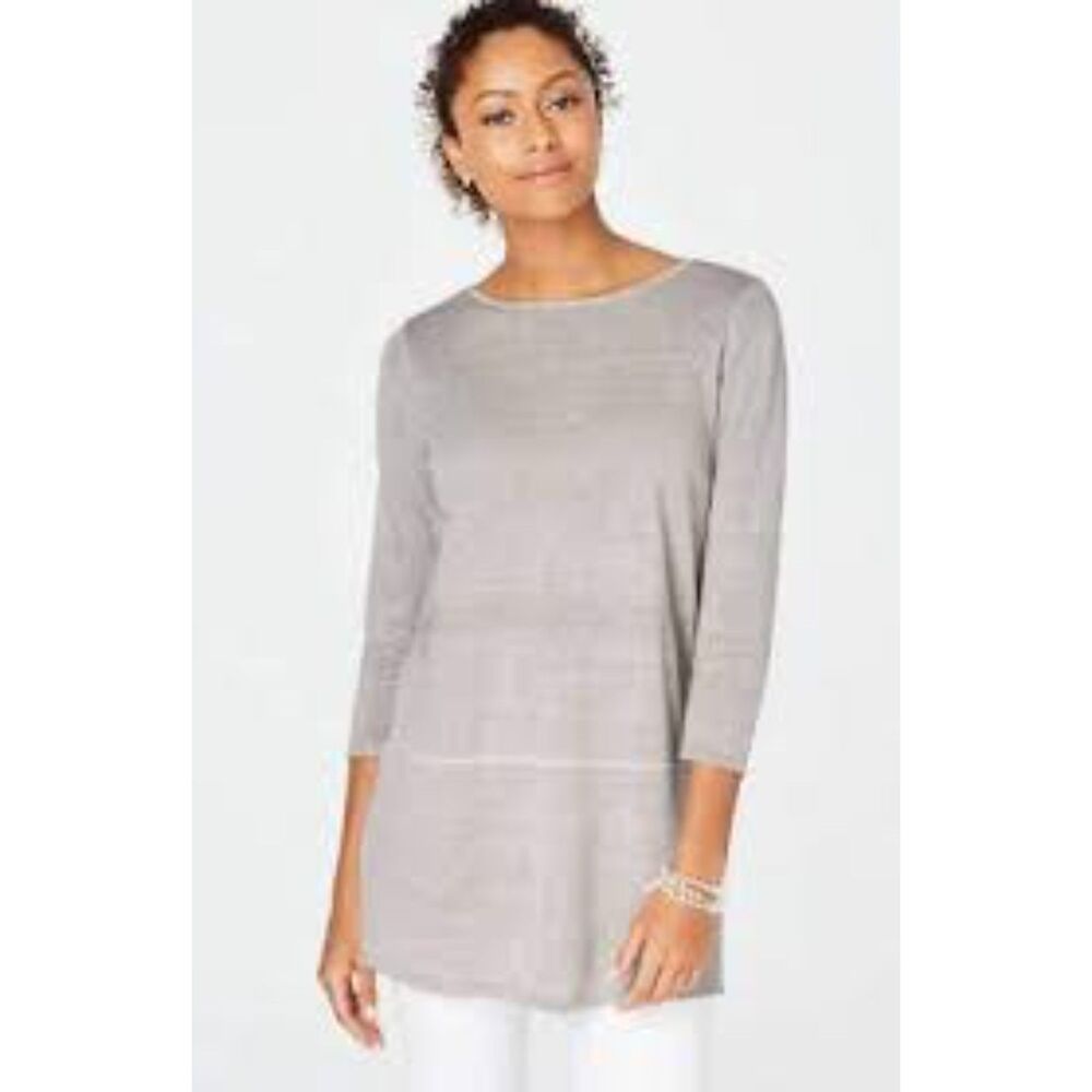 J. Jill Linen Tunic Top Womens Large Longline Coastal 3/4 Sleeves Lagenlook Grey